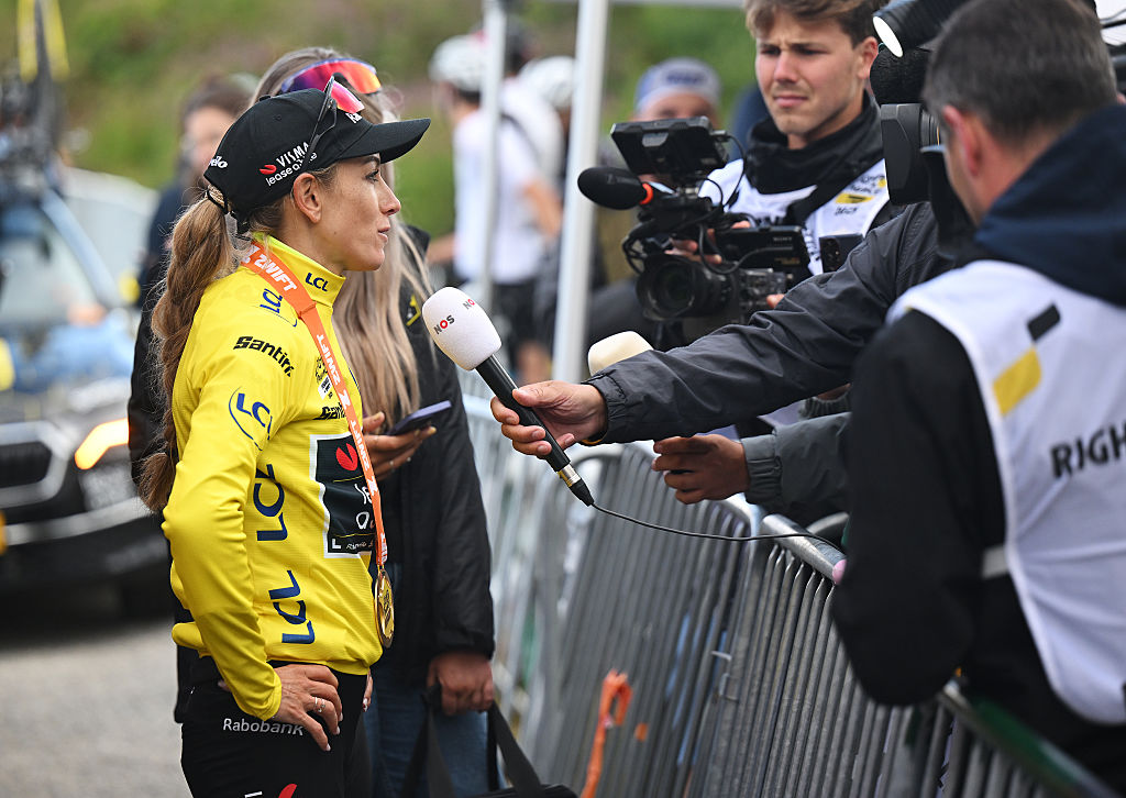 Pauline Ferrand-Prévot speaks to the press after winning stage 8 at the Tour de France Femmes