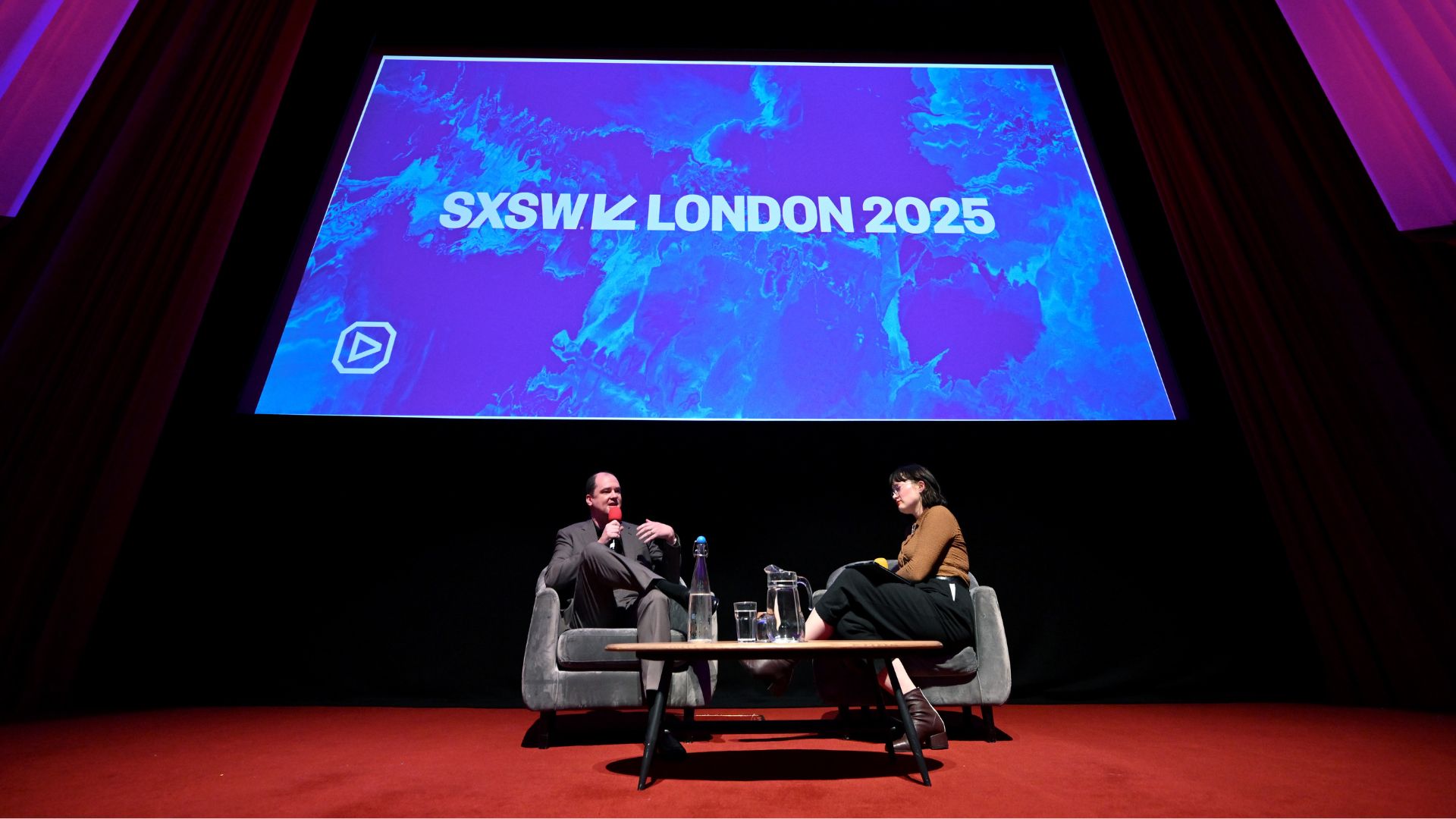 Mike Flanagan and Anna Bogutskaya speak onstage during the &quot;Screen Keynote: Mike Flanagan&quot; during day six of SXSW London 2025 at Barbican Centre on June 07, 2025 in London, England. 