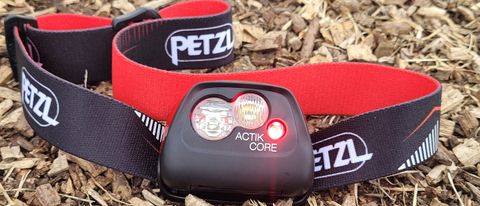 The Petzl Actik Core with the red lamp turned on