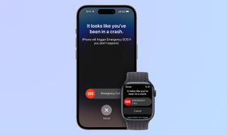 A graphic showing Crash Detection on iOS 16 and WatchOS 9.
