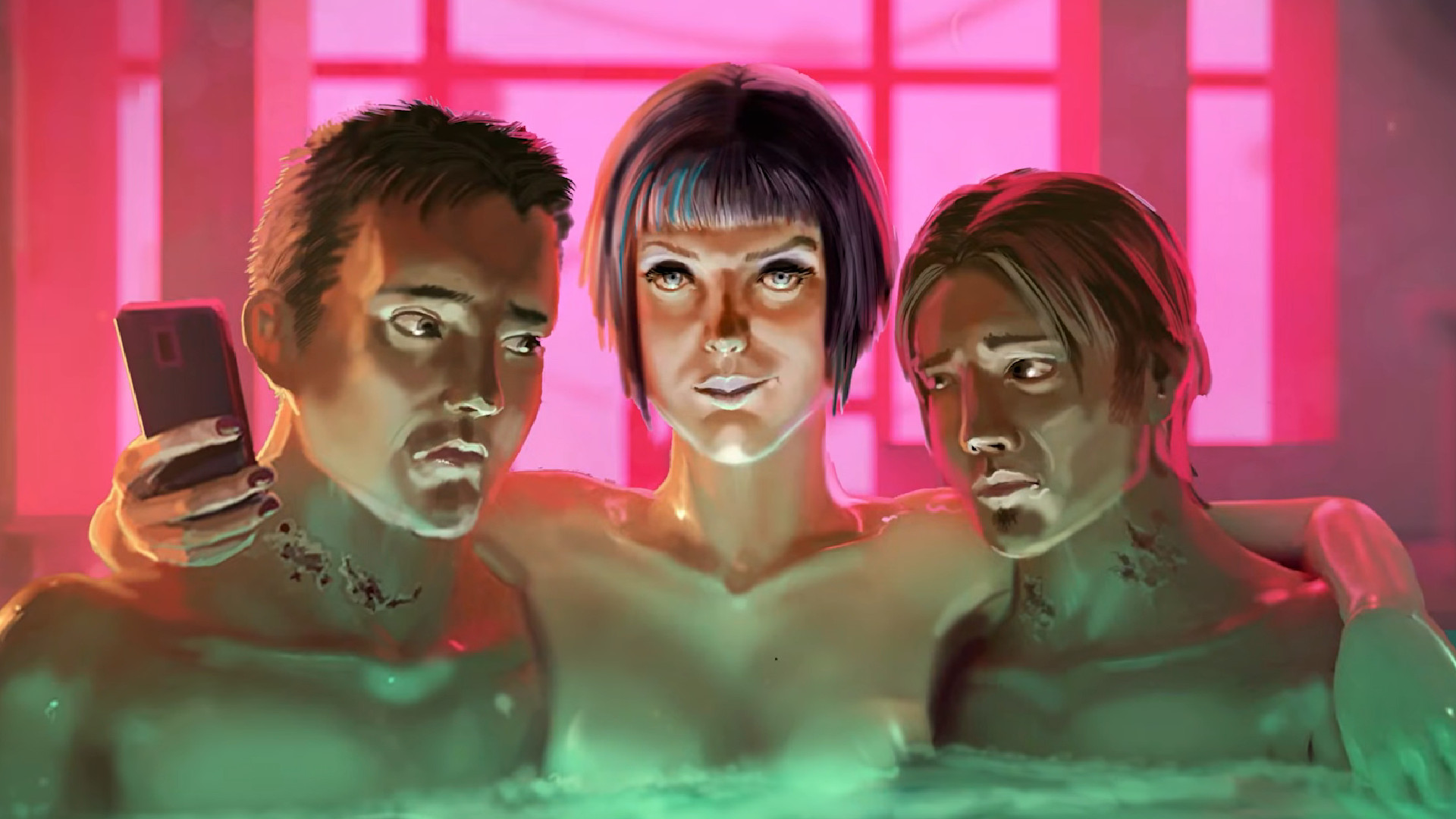 In Nighthawks, a woman sits in a hot tub with two men who both have bite marks on their necks