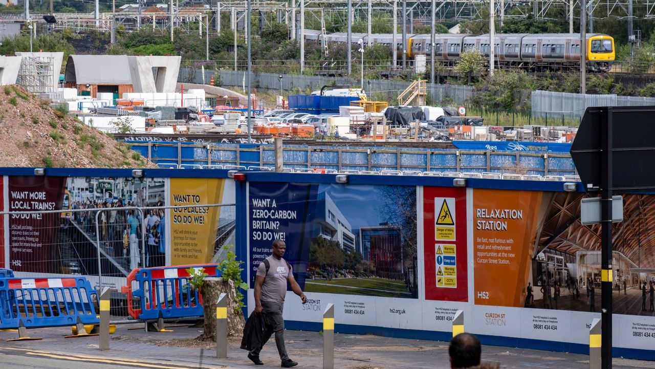 Construction site for raised tracks near the HS2 mainline station in Birmingham