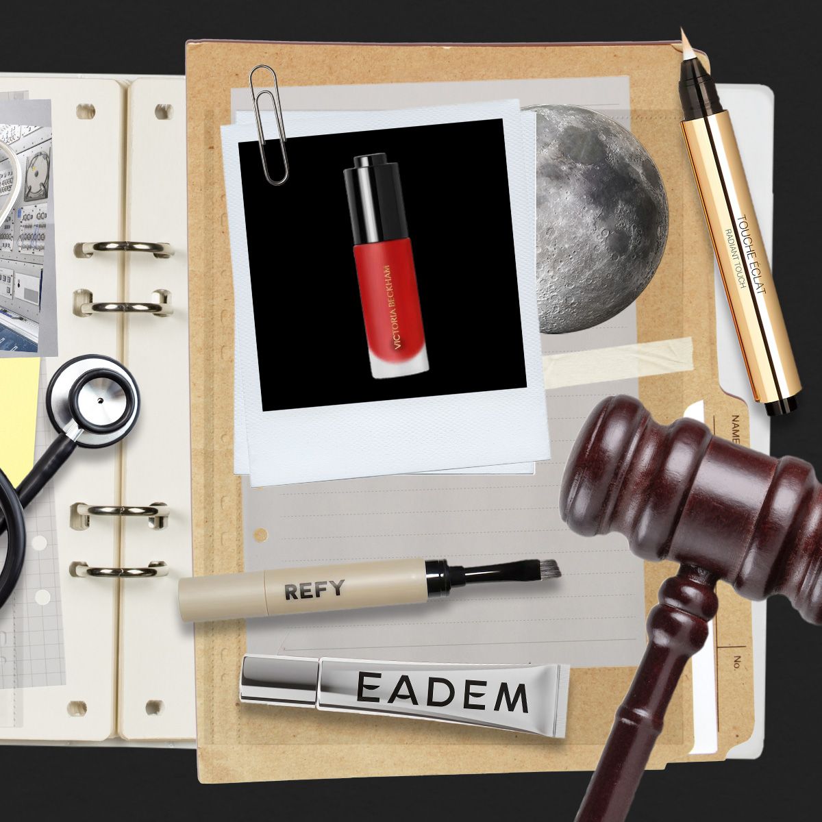 image of a binder with photographs of beauty products on it, in addition to a gavel and a stethoscope