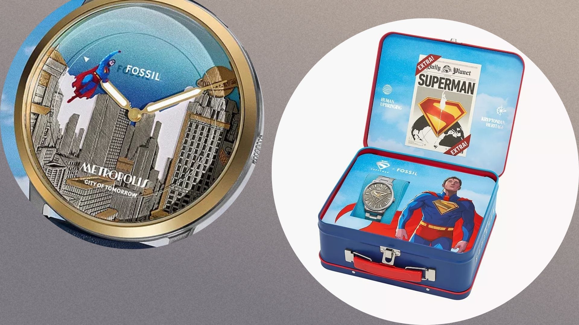 The two Superman watches released by Fossil, the one on the left is zoomed in on the face showing Superman flying around Metropolis and on the right is a silver watch in a Superman themed box 