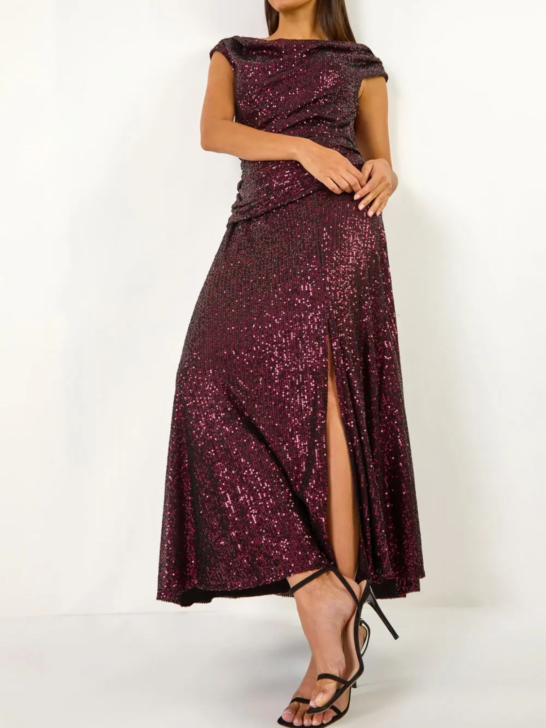 Sequin Cowl Neck Maxi Stretch Dress on model 