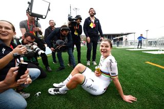 reacts in the Roubaix Velodrome Velodrome Andre Petrieux after the 4th ParisRoubaix Femmes 2024 a 1485km one day race from Denain to Roubaix on UCIWWT April 06 2024 in Roubaix France Photo by Etienne Garnier PoolGetty Images