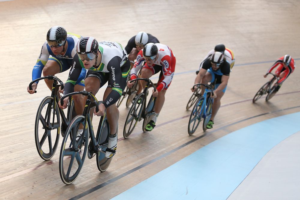 Mitchell Bullen (L) and Matthew Glaetzer of Australia out front in the Elite Men Keirin Heats during the Oceania Track Cycling Championships