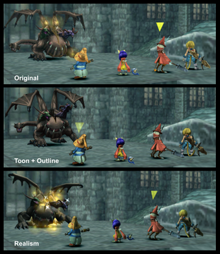 Three-way split image comparing the different filters in Final Fantasy 9's Moguri Mod