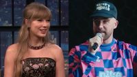 From left to right: Taylor Swift on Late Night with Seth Meyers and Travis Kelce holding a mic up with his left hand during a New Heights episode. 