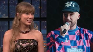 From left to right: Taylor Swift on Late Night with Seth Meyers and Travis Kelce holding a mic up with his left hand during a New Heights episode. 