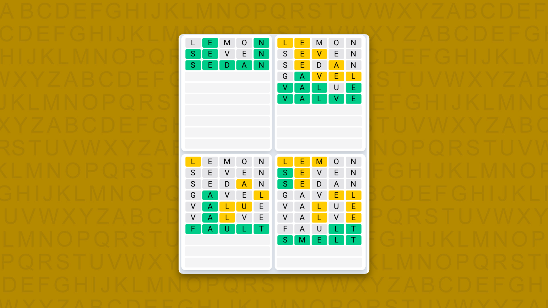 Quordle Daily Sequence answers for game 1632 on a yellow background