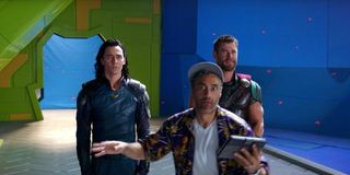 Tom Hiddleston, Taika Waititi and Chris Hemsworth on the set of Thor: Ragnarok