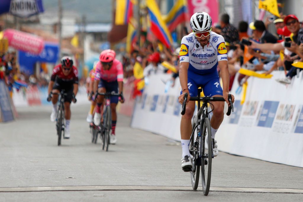 BOYACA COLOMBIA FEBRUARY 14 Arrival Julian Alaphilippe of France and Team Deceuninck Quick Step Daniel Felipe Martinez Poveda of Colombia and Team EF Pro Cycling during the 3rd Tour of Colombia 2020 Stage 4 a 1686km stage from Paipa to Santa Rosa de Viterbo Boyac 2751m TourColombiaUCI TourColombia2020 on February 14 2020 in Boyac Colombia Photo by Maximiliano BlancoGetty Images