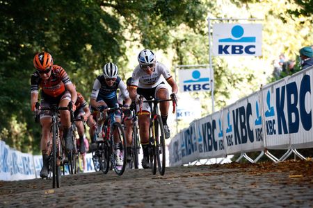 Boels Dolmans&rsquo; Amy Pieters (left) and German road race champion Lisa Brennauer (Ceratizit-WNT) lead the breakaway over the Kemmelberg at the 2020 Gent-Wevelgem