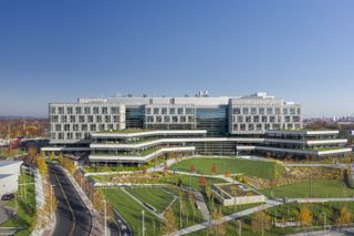 Exterior of Harvard Science + Engineering Complex by Behnisch on sunny day