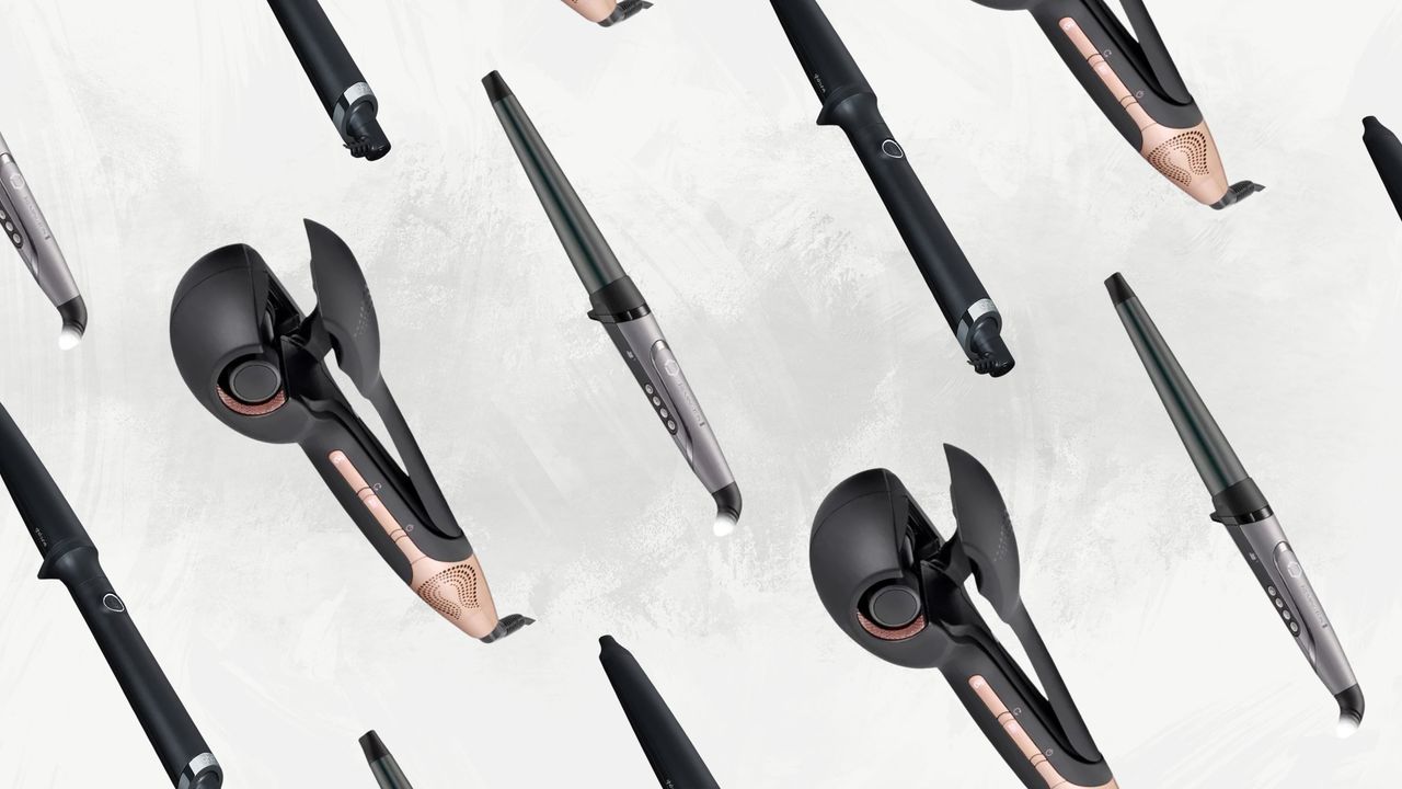 Collage of three of the best curling wands for thick hair from ghd, BaByliss and Remington, set at diagonal angles against an off-white marble background