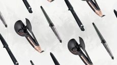 Collage of three of the best curling wands for thick hair from ghd, BaByliss and Remington, set at diagonal angles against an off-white marble background