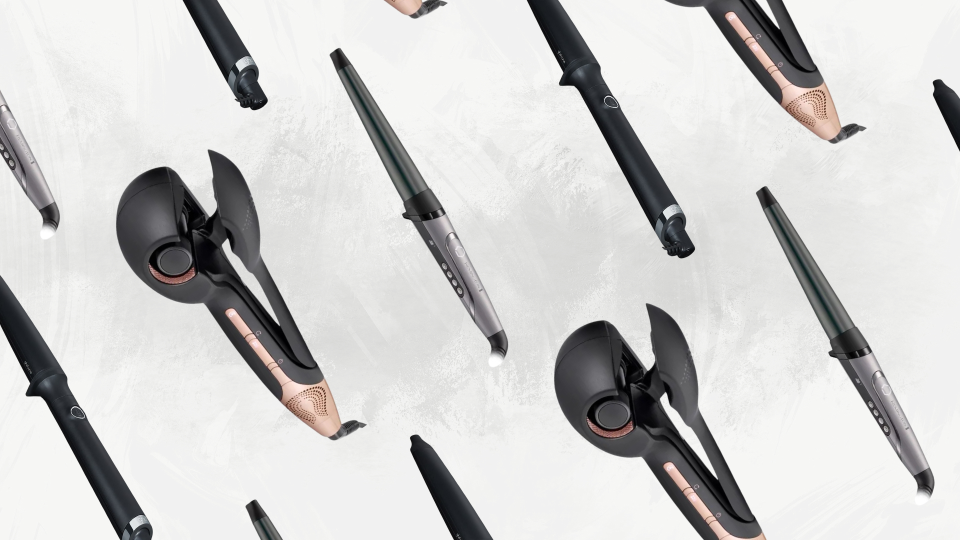 Collage of three of the best curling wands for thick hair from ghd, BaByliss and Remington, set at diagonal angles against an off-white marble background