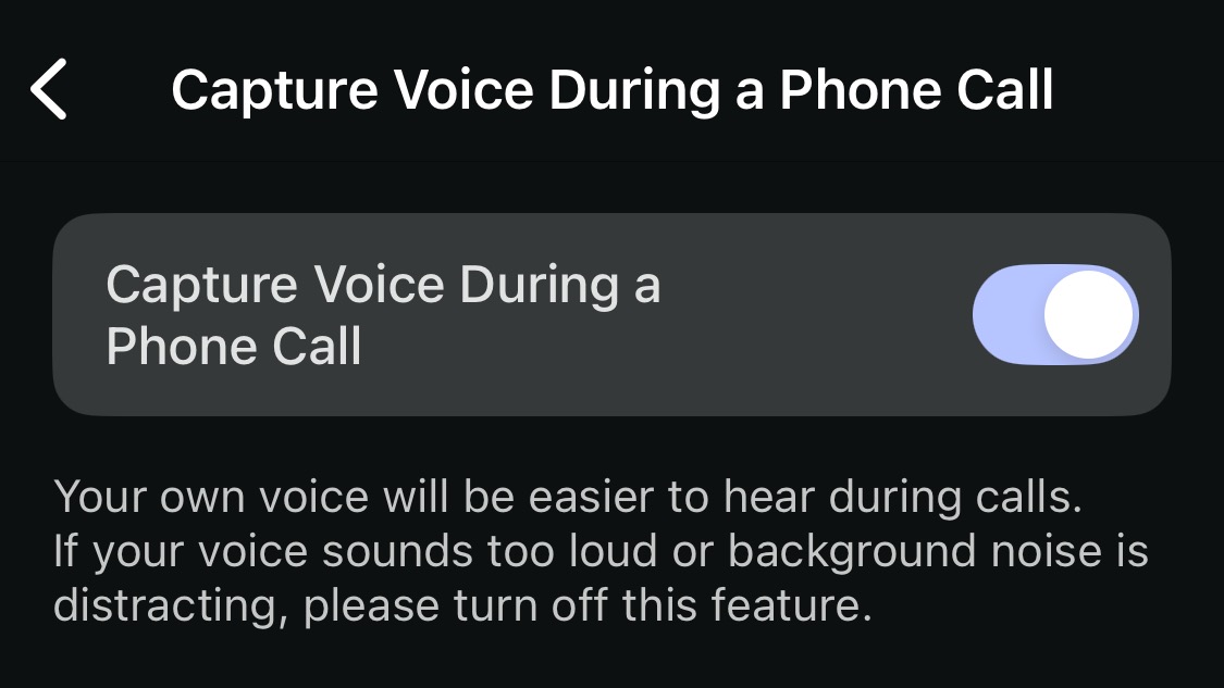 A screenshot of the Sony Sound Connect app showing the option of capturing your voice during a call.