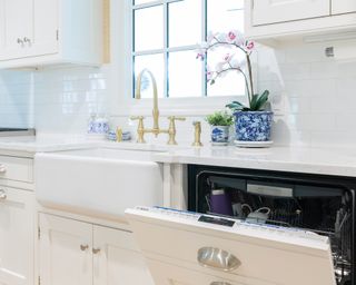 A white kitchen with open dishwasher and plants
