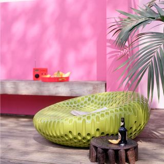 room with pink wall wooden flooring and potted palm tree