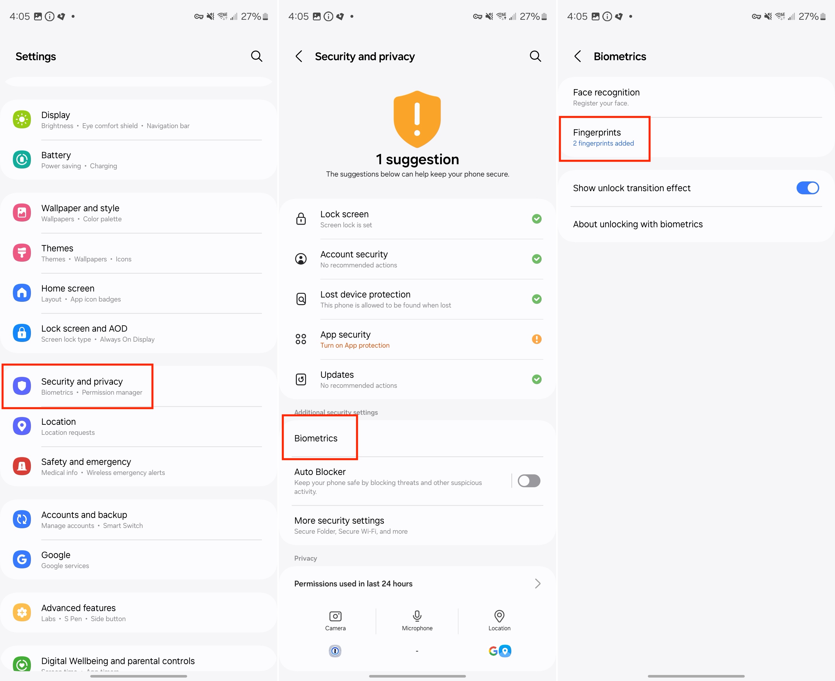 Steps to set up biometrics on the Galaxy Z Fold 6