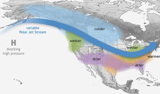la nina diagram showing southern US experiencing warmer drier conditions and the North and Canada experiencing wetter and colder conditions.