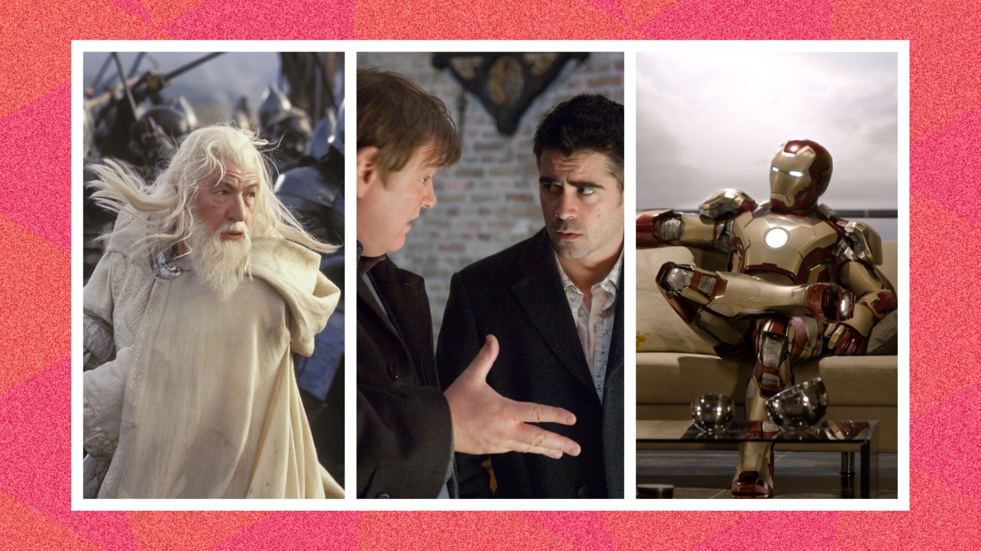 three images sliced together from The Lord of the Rings, In Bruges and Iron Man 3