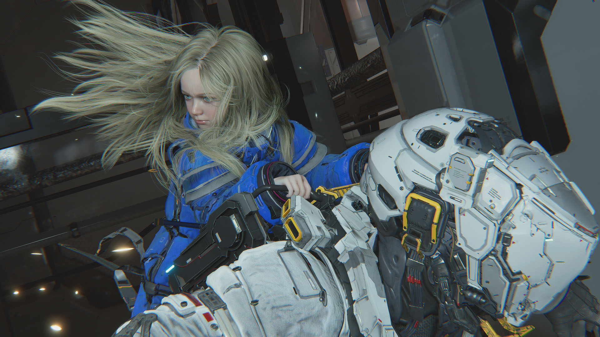 On Hugh's back, Diana's hair swooshes around as he sprints in Pragmata