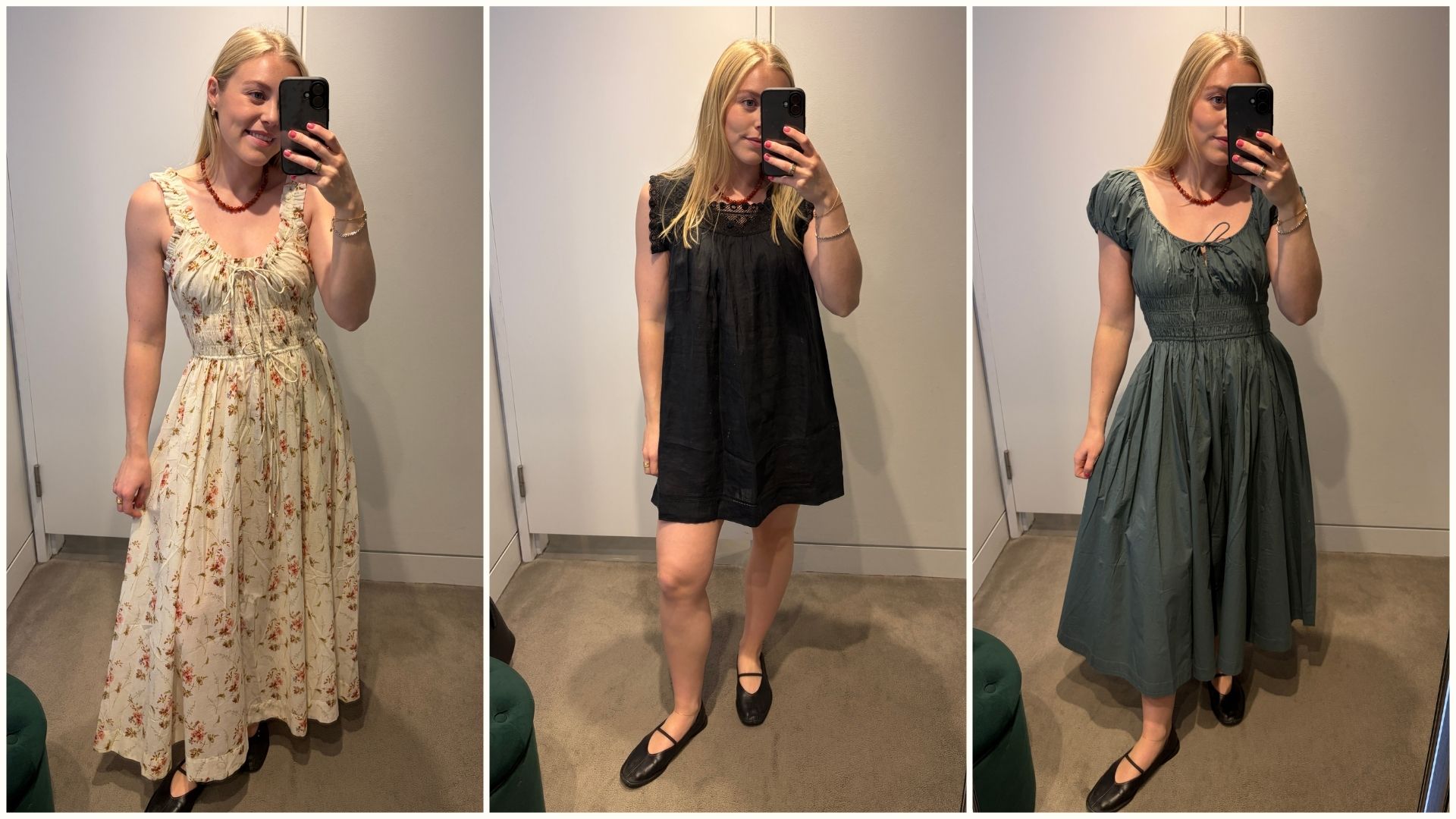 Woman wears floral dress; woman wears black mini dress; woman wears green dress