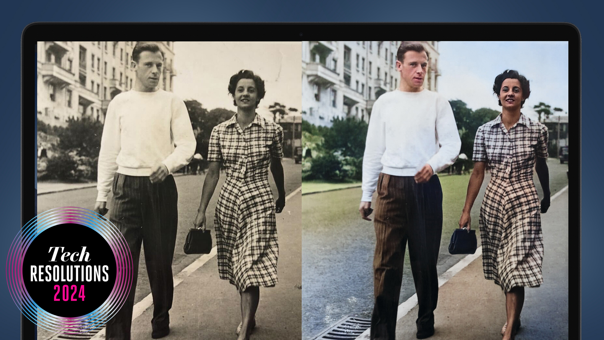 A laptop showing two photos of a couple walking down the street