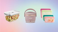 A selection of meal prep containers on pastel gradient background