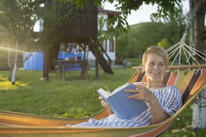 A woman on a hammock.