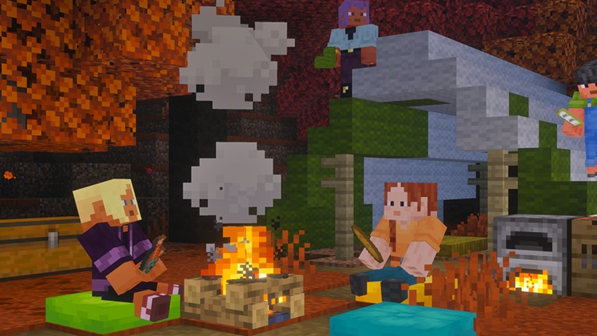 Minecraft screenshot showing players resting at a camp