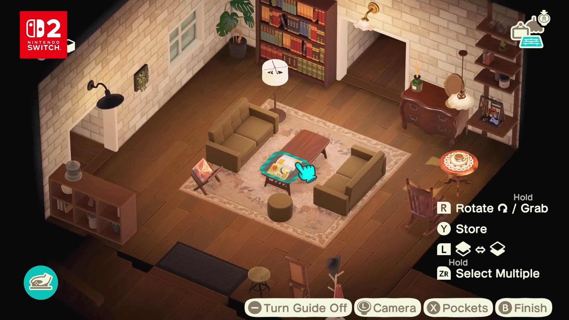 Using the Animal Crossing: New Horizons for Switch 2 mouse controls to rearrange furniture, as shown on the Nintendo Direct showcase for the game
