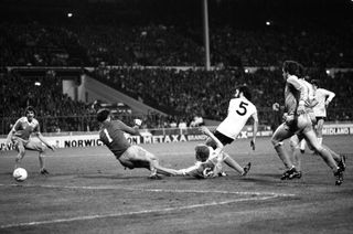 Ricky Villa scores the winning goal for Tottenham Hotspur against Manchester City in the 1981 FA Cup final replay