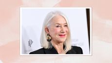 Helen Mirren is pictured with a side-parted, shoulder-length bob at the 37th Annual American Cinematheque Awards Honoring Helen Mirren held at The Beverly Hilton on February 15, 2024 in Beverly Hills, California/ in a pink watercolour paint-style template