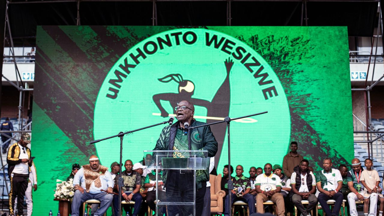 Jacob Zuma speaks at the MK Party rally last week at Orlando Stadium in Soweto