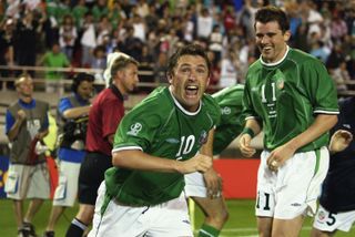 Robbie Keane celebrates his late equaliser for the Republic of Ireland against Germany at the 2002 World Cup.