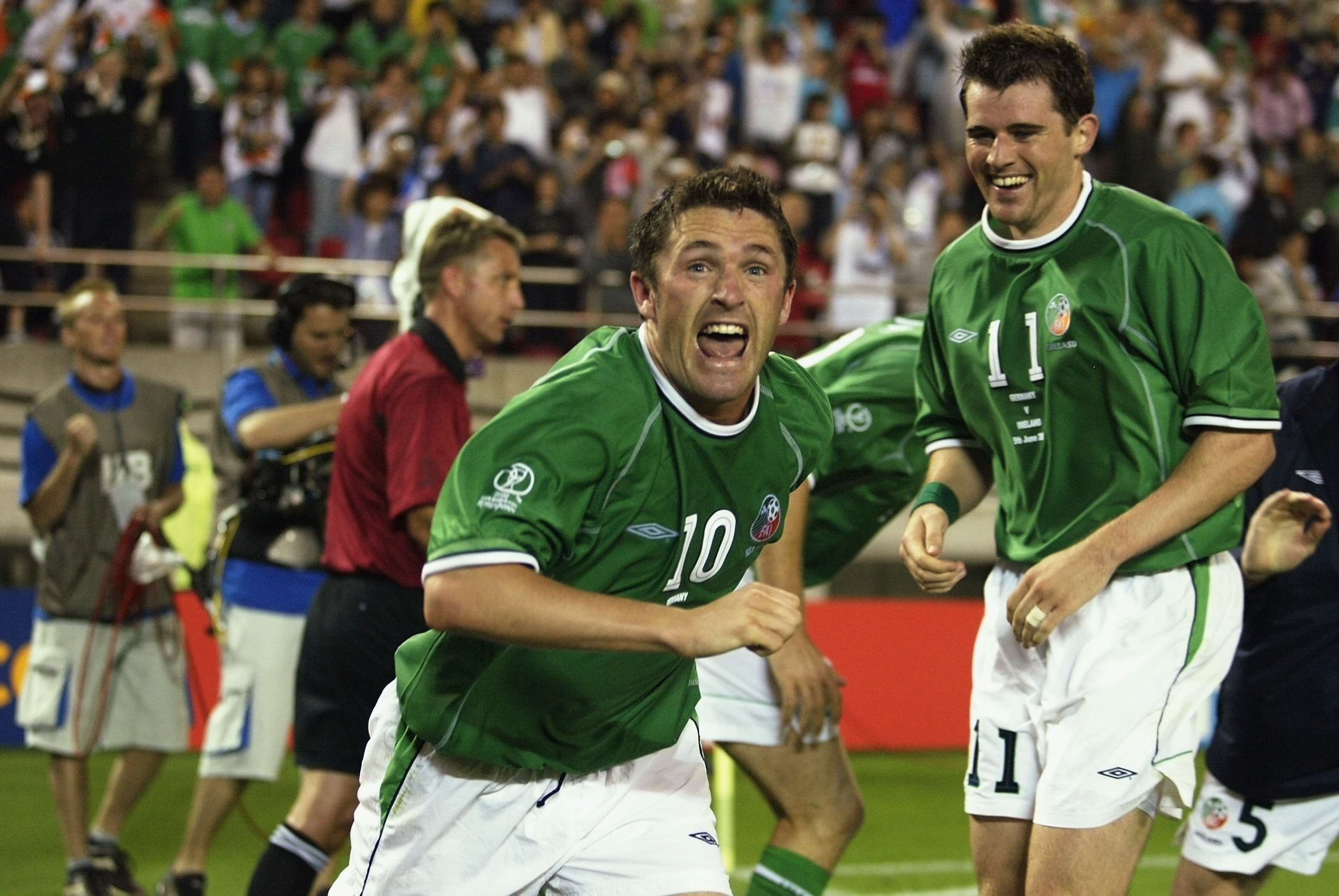 Robbie Keane celebrates his late equaliser for the Republic of Ireland against Germany at the 2002 World Cup.