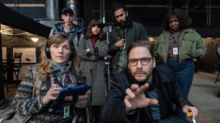 (L-R): Jessica Hynes, Daniel Brühl (front), Isaac Powell, Aya Cash, Himesh Patel, Lolly Adefope (back) for HBO&#039;s &quot;The Franchise&quot;