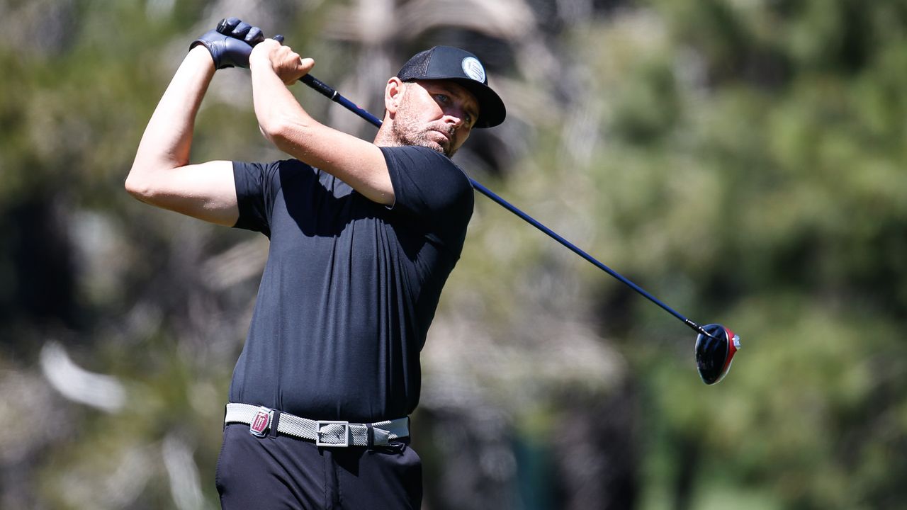 Mardy Fish hits a drive at the 2023 American Century Championship