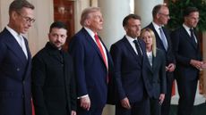 Finnish President Alexander Stubb, Ukrainian President Volodymyr Zelensky, U.S. President Donald Trump, French President Emmanuel Macron, Italian Prime Minister Giorgia Meloni, German Chancellor Friedrich Merz, and NATO Secretary General Mark Rutte