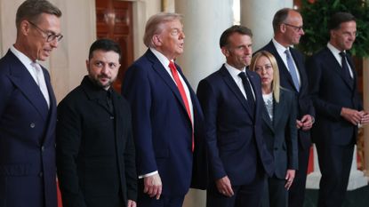 Finnish President Alexander Stubb, Ukrainian President Volodymyr Zelensky, U.S. President Donald Trump, French President Emmanuel Macron, Italian Prime Minister Giorgia Meloni, German Chancellor Friedrich Merz, and NATO Secretary General Mark Rutte