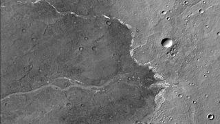 close up image of the surface of Mars shows white specks of salt deposits and numerous craters.
