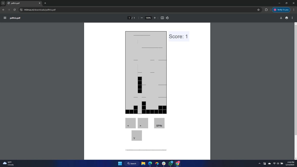 A playable version of Tetris within a PDF file viewed in the Chrome browser.