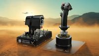 Thrustmaster HOTAS WARTHOG MK II flight stick promotional renders with a dusty desert background scene