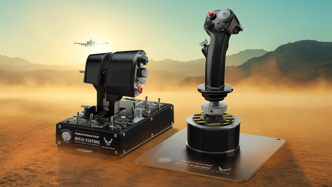 Thrustmaster HOTAS WARTHOG MK II flight stick promotional renders with a dusty desert background scene