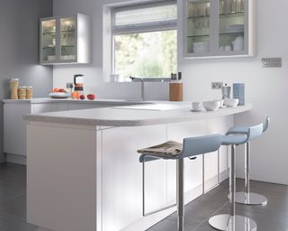 A modern white kitchen with breakfast bar