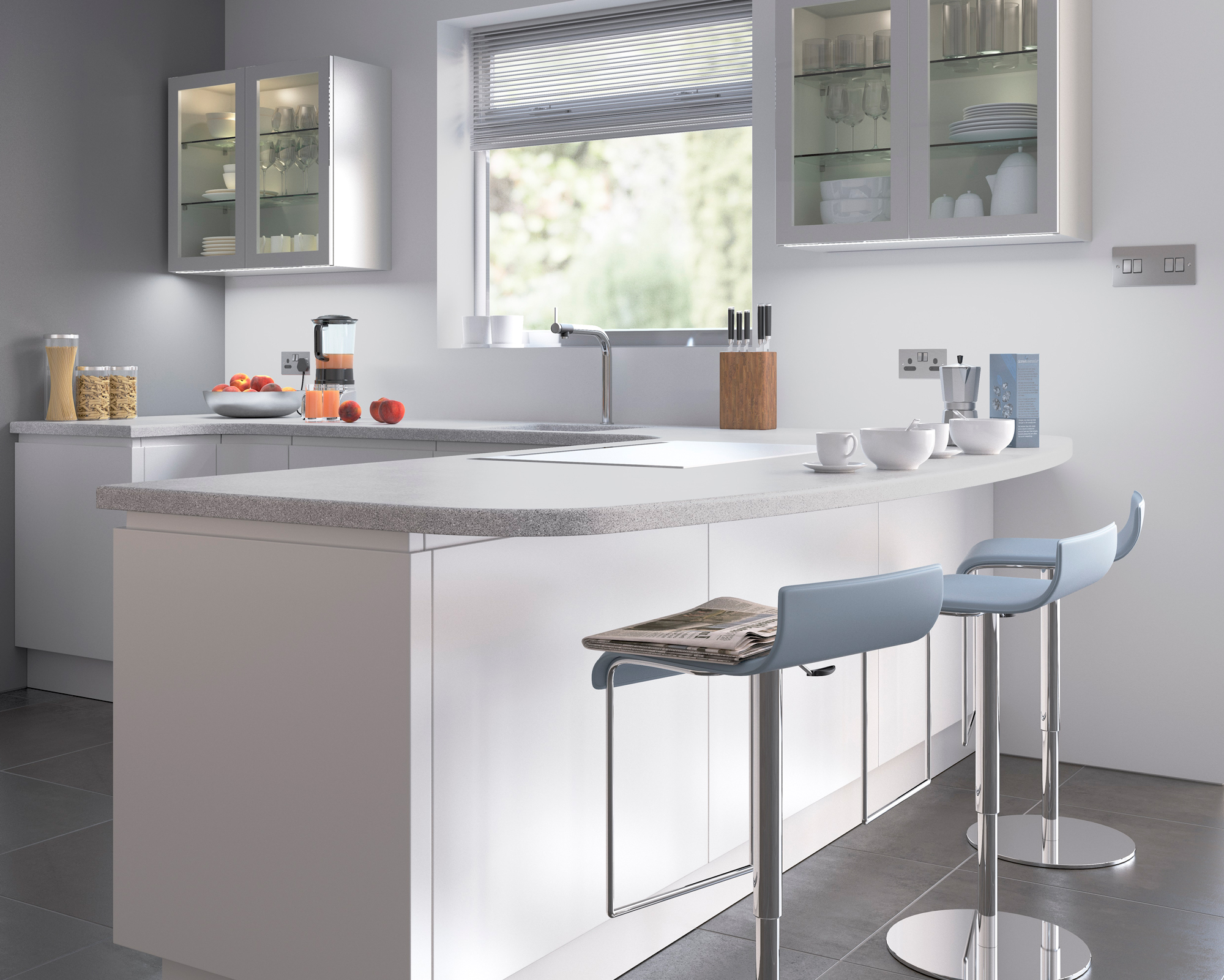 A modern white kitchen with breakfast bar